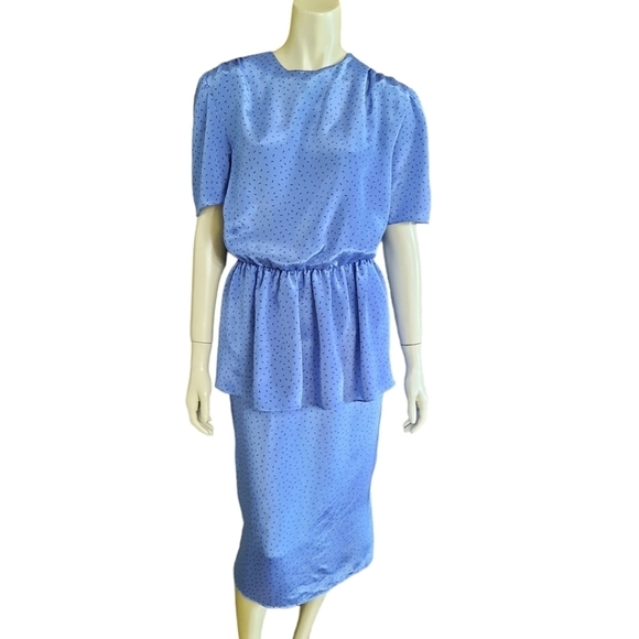 Vintage 80s Day Dress size Large Union Made Peplum Midi Elastic Waist - Picture 1 of 11